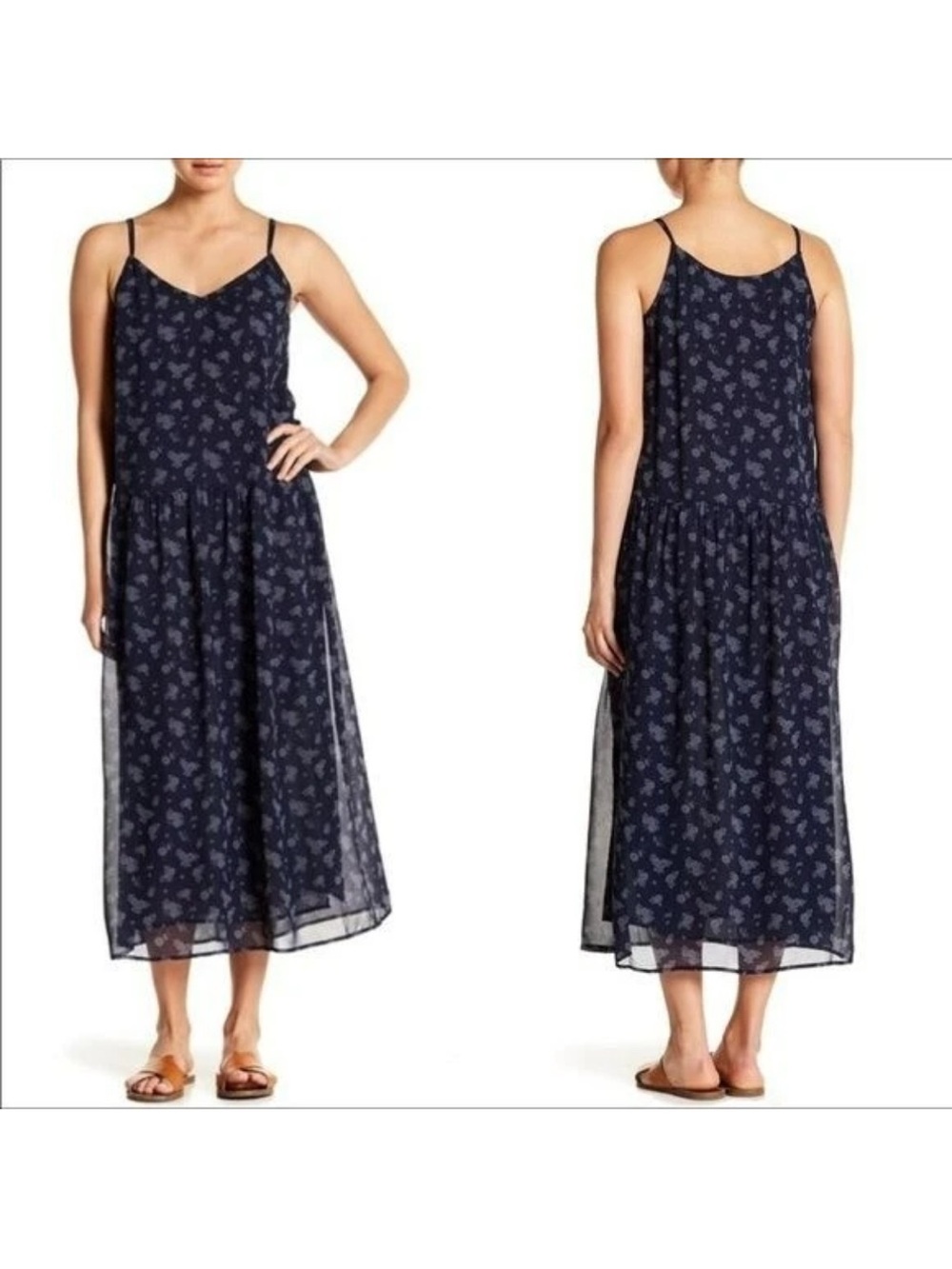 Vince Calico Floral Navy Silk Slip Dress Size L